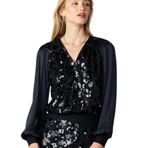 Current Air black surplice v neck long sleeve embellished sequin black top NWT